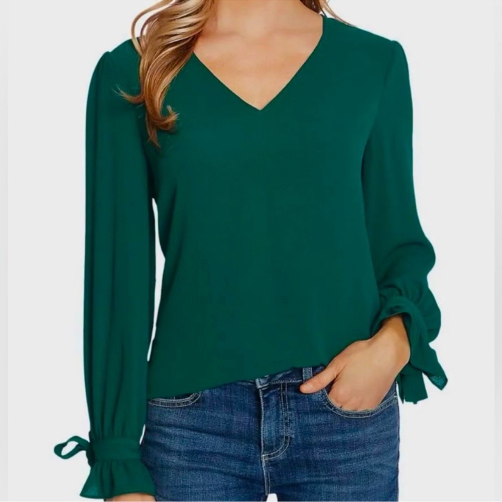 CeCe Womens Lush Green Tie Cuff V-Neck Top Blouse Shirt - Size Large - Reemoly